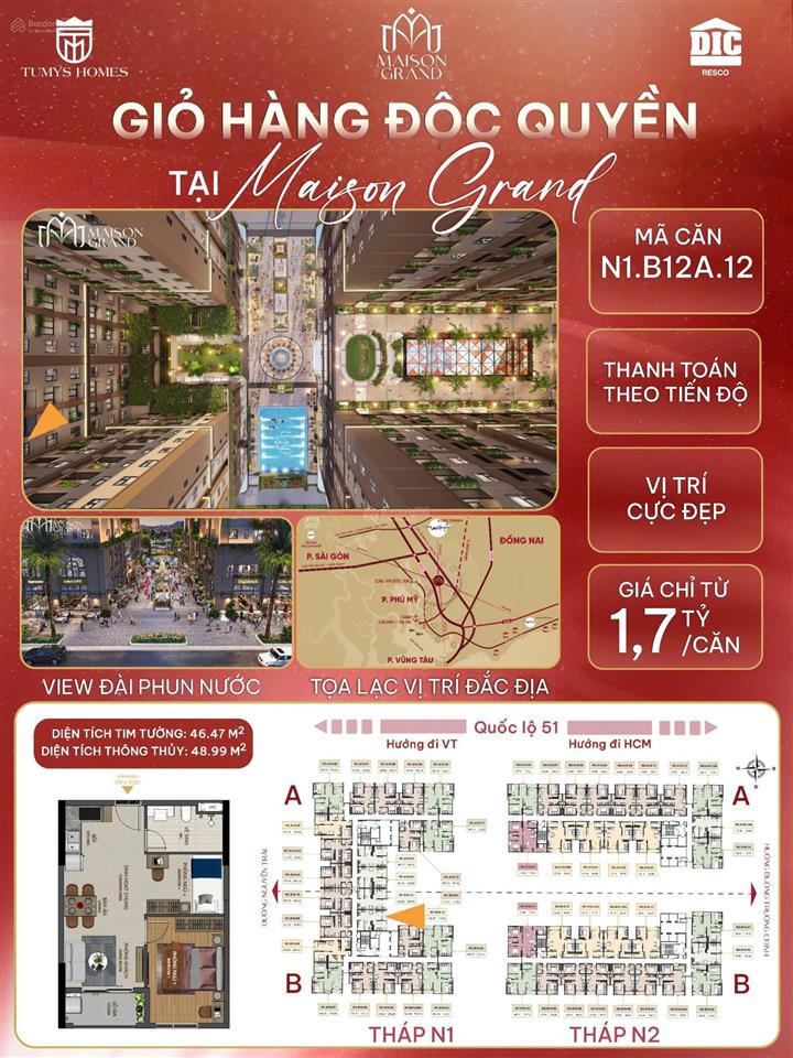 Căn hộ 1pn 50m2 maison cảng cái mép chỉ 1,7 tỷ đóng 50% nhận nhà tháng 9/2026 sổ hồng lâu dài