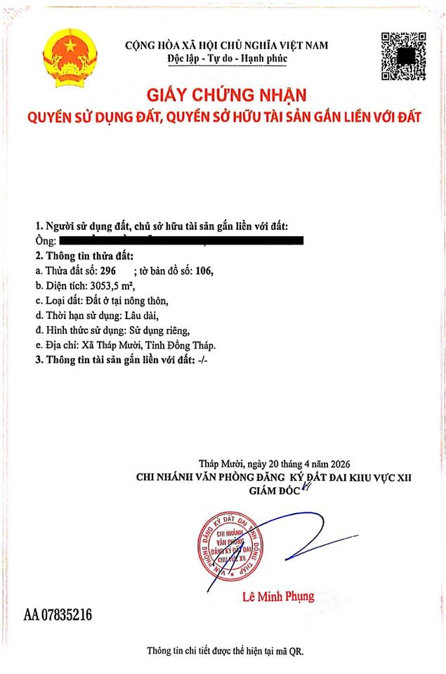 Bán đất tại xã mỹ hòa, tháp mười, đồng tháp, 16 tỷ, 3053,5 m2