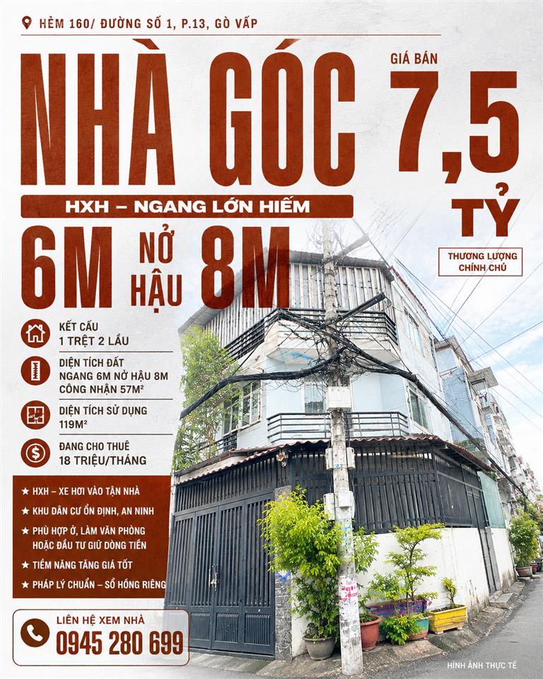 Góc hxh lê đức thọ phạm văn chiêu p13, ngang 6m nở hậu 8m, cn 57m2, 3 tầng, đct 18tr, chỉ 7.5 tỷ tl