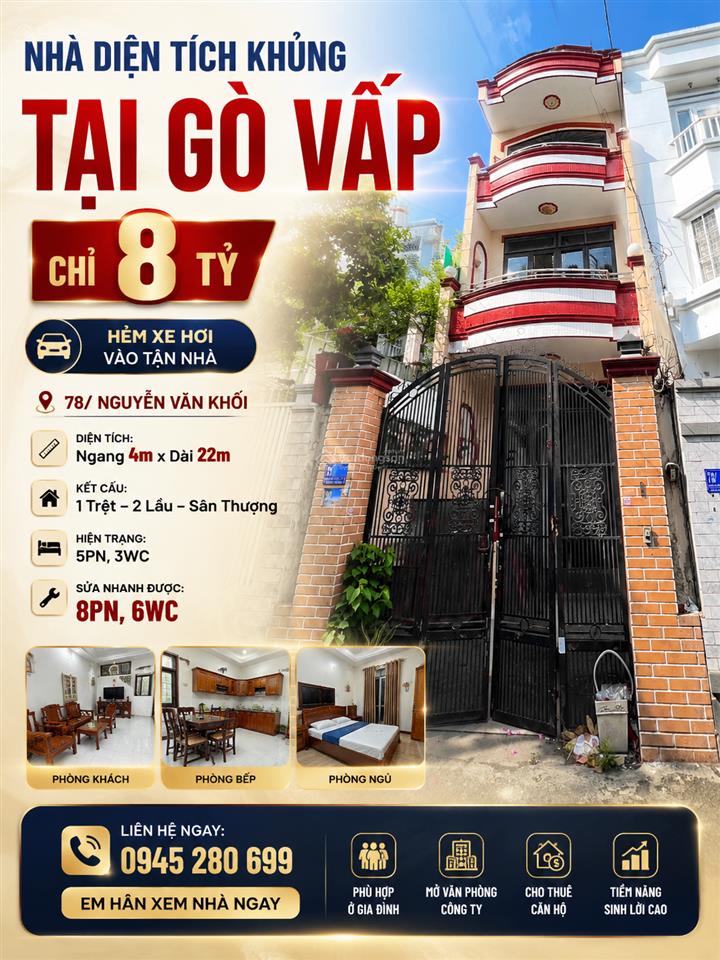 Chỉ 100tr/m2 có ngay hxh 78 nguyễn văn khối p11 4x22m cn 78m2 diện tích lớn siêu đẹp giá 8 tỷ tl