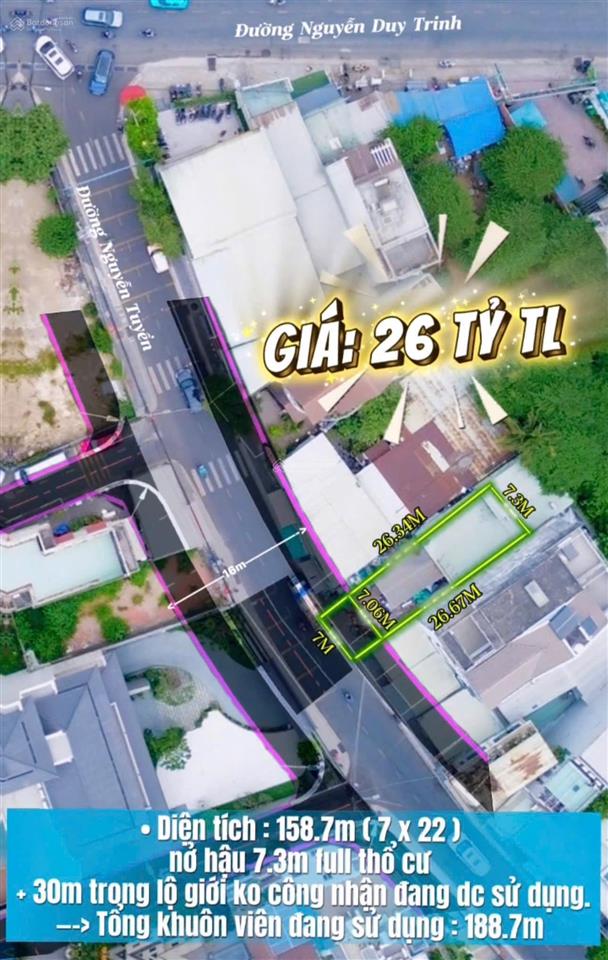 Chính chủ gửi bán đất mtkd đường nguyễn tuyển chỉ cách nguyễn duy trinh 50m, dt 189m2 (7x26)