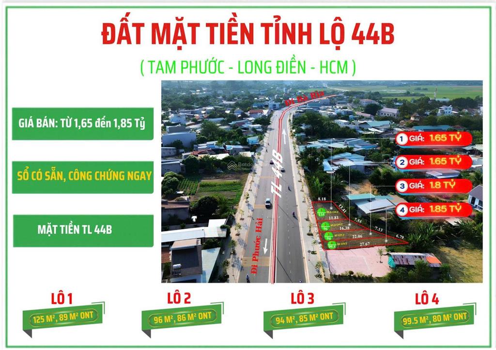 Đất mặt tiền đường tl 44b, xã tam an, huyện long đất, diện tích 135 m², giá chỉ 1,65 tỷ