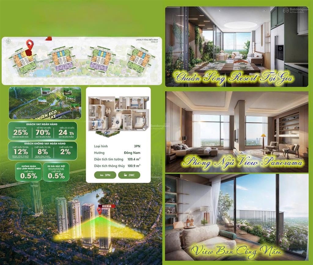 Forest onsen 3pn 109m², ban công nấm 10m², tt 1,3 tỷ nhận nhà. 0909 407 *** em tiền