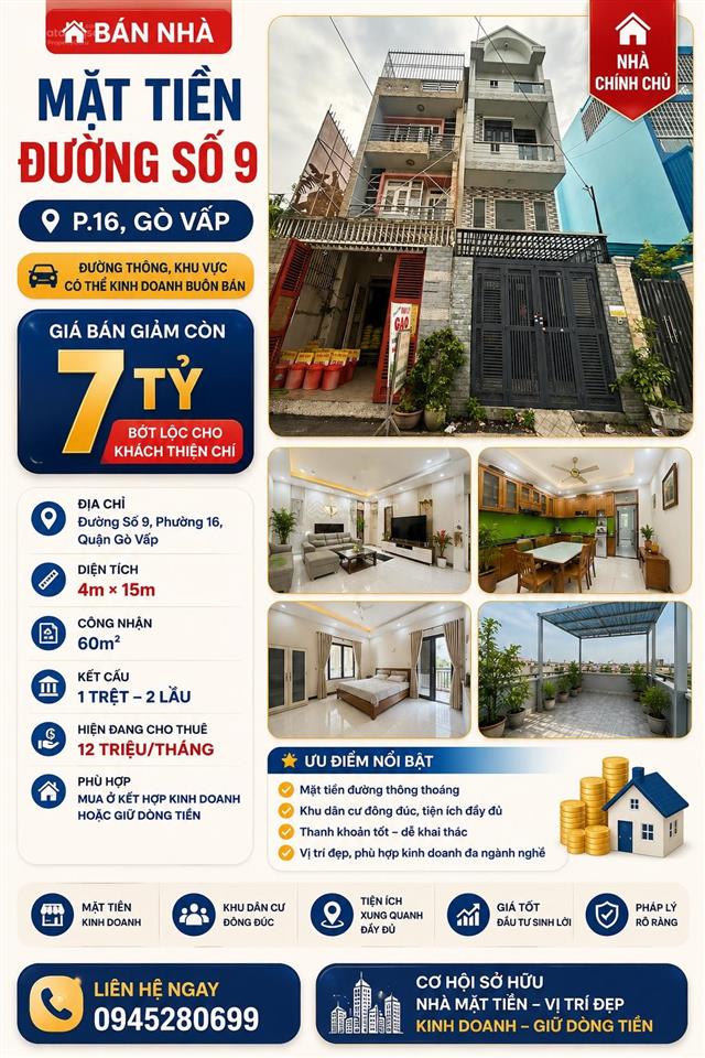 Cn 60m2, 115tr/m2 đct 15tr, mt đs 9 p16, 4x15m 2 lầu nhà có kết cấu, giảm sâu còn 7 tỷ tl chính chủ