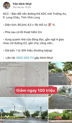 Giảm sốc 100 triệu nền 85,5m2, thổ cư 100%, tại Vĩnh Long, cơ hội vàng