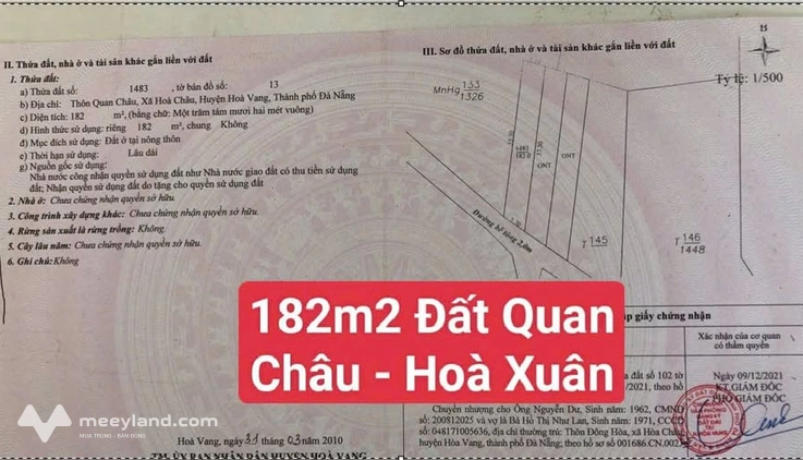 Bán đất Quan Châu, Hòa Xuân, Đà Nẵng - 182m2, ngang 5.7m, hướng Tây Nam