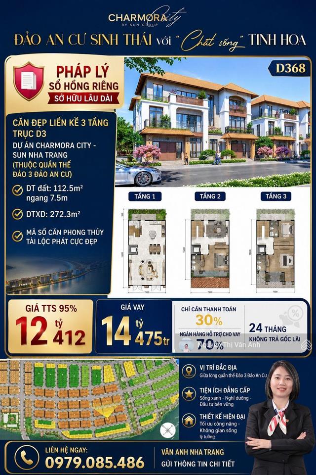 Pháp lý sở hữu lâu dài căn đẹp liền kề 3 tầng trục d3 dự án charmora city sun nha trang
