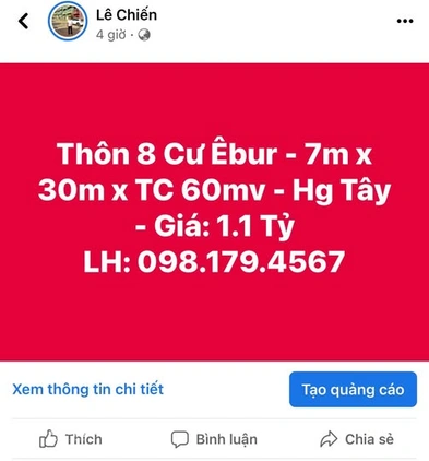 Bán đất thổ cư 210m2, mặt tiền 7m tại Cư Êbur, Đắk Lắk