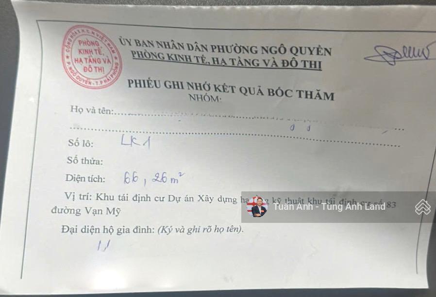 Bán phiếu lô 69m2 tđc 83 vạn mỹ (đông tt)