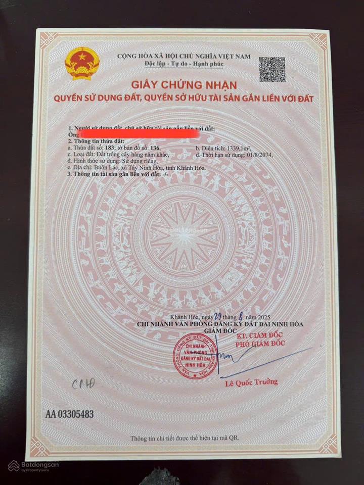 Bán lô đất thổ cư dt 1.339 m2 thôn buôn lác, xã tây ninh hòa
