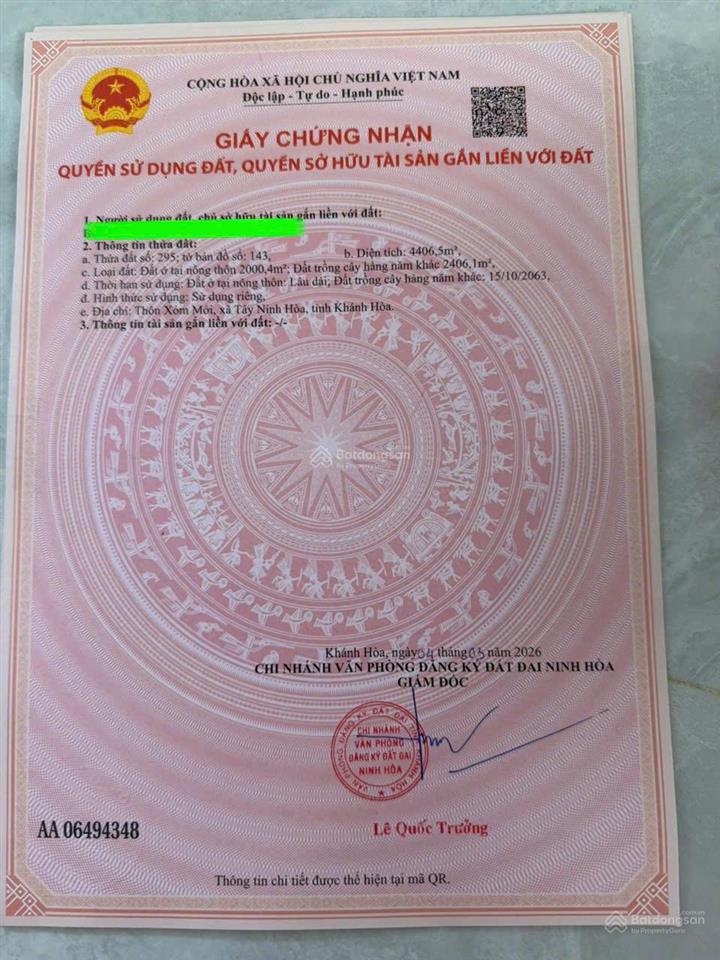 Bán đất có thổ cư xã ninh tây có dt 4.406 m2, có 2.000m2 thổ cư