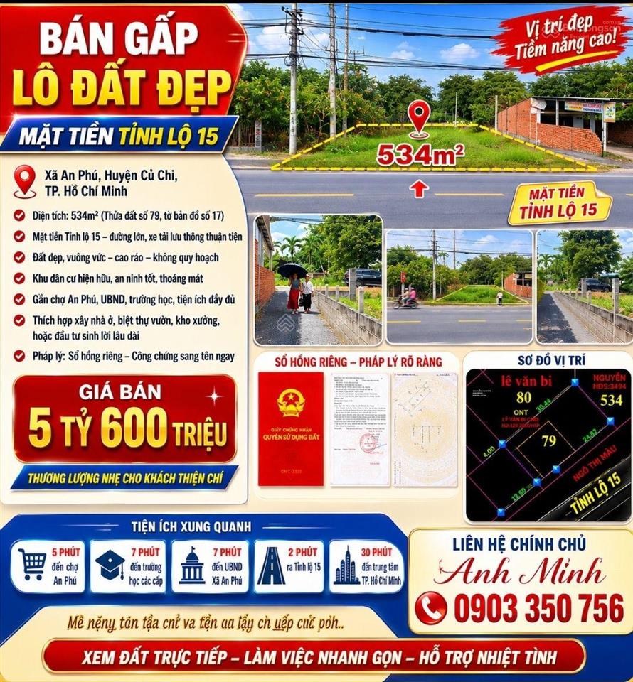 Bán gấp lô đất đẹp mặt tiền đường tỉnh lộ 15 vị trí xã an nhơn tây, huyện củ chi, tp. hcm
