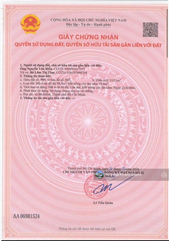 Chính chủ gửi bán đất 5 x 24m, mặt tiền đường xuân thới thượng 20, gần chợ xuân thới thượng