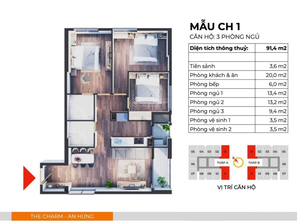 Chính chủ gửi bán nhanh căn 92m2 3pn2wc tầng 8 view nội khu cc the charm an hưngnhận nhà luôn