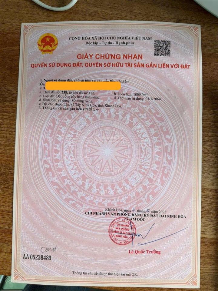Đẩy nhanh 2 lô thổ cư liền kề tổng diện tích 2.000 m² xã tây ninh hòa, khánh hòa