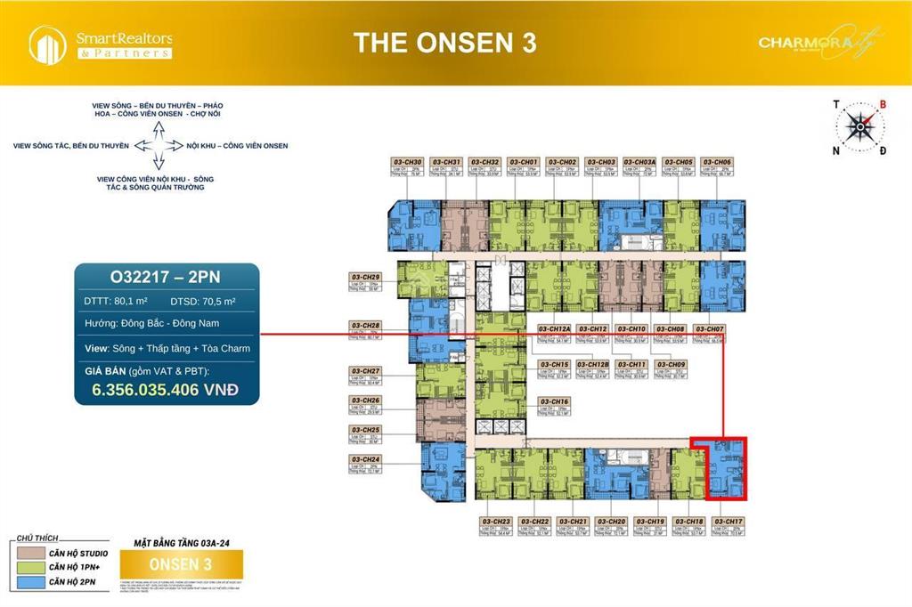 Căn góc 2 phòng ngủ the onsen 3 hướng đông nam tts chỉ 4.9 tỷ
