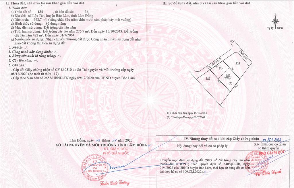 Bán qsdđ thửa đất số 134, tbđ 36 lộc tân, h. bảo lâm (nay là phường 2 bảo lộc), tỉnh lâm đồng
