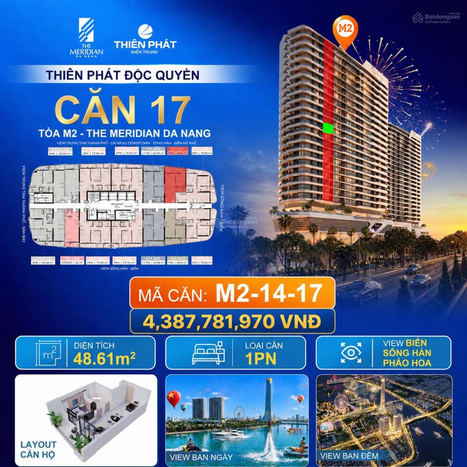 Độc quyền căn hộ 1 phòng ngủ view pháo hoa tại the meridian m21417 48,61m2 4.3 tỷ