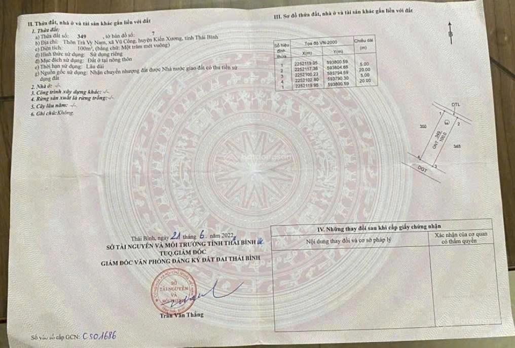 Mình có lô đất giãn dân tại xã vũ công, huyện kiến xương, tỉnh thái bình cũ. diện tích 100 m²