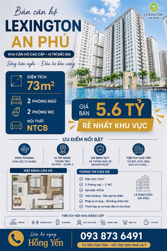 Chỉ 5.25 tỷ 2pn 71m2 full nt lexington quận 2