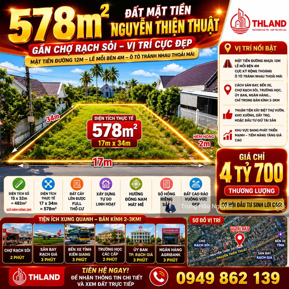 Đất góc nguyễn thiện thuật gần chợ rạch sỏi sân bay, lộ 20m, 15x32m, quy hoạch đc full thổ cư