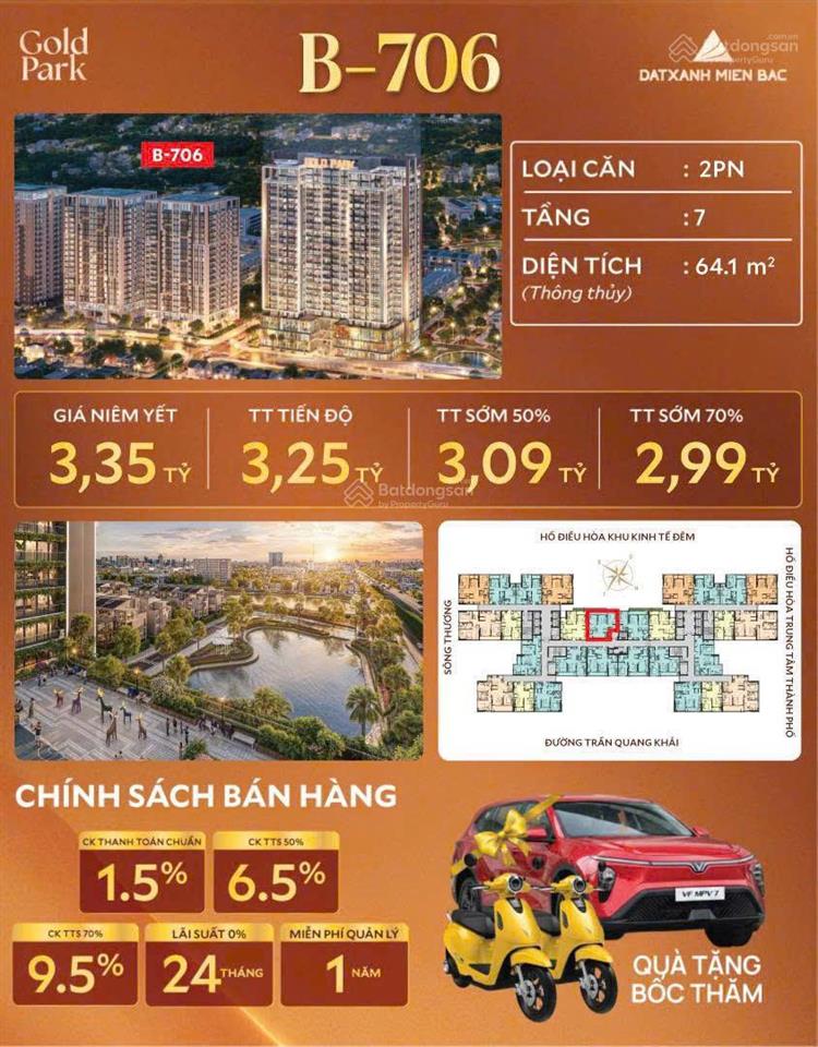Bán căn hộ gold park, 2pn, diện tích 64,1m2, hướng đông bắc, chiết khấu cao lên đến 11%