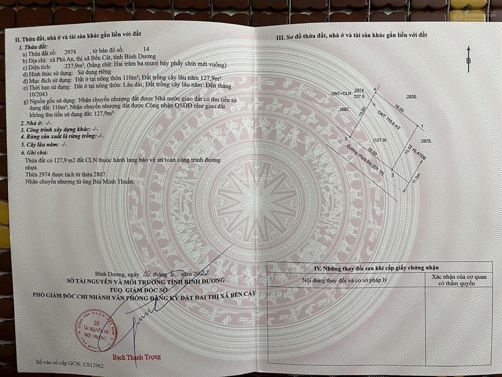 Đất chính chủ đt 744, xã phú an, bến cát, bình dương