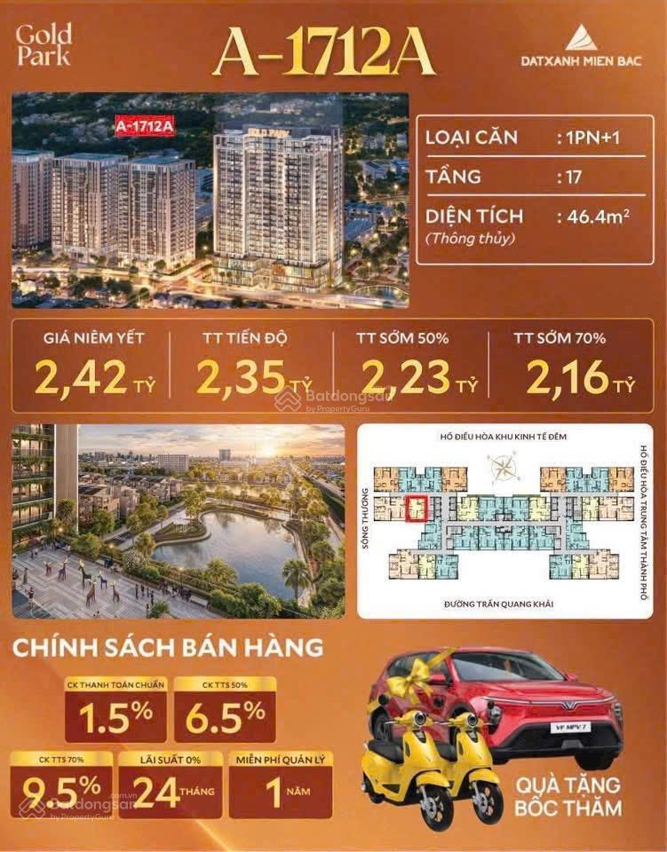 Hot! bán cc gold park, trần quang khải, 46,6 triệu / m2, 46,2 m2