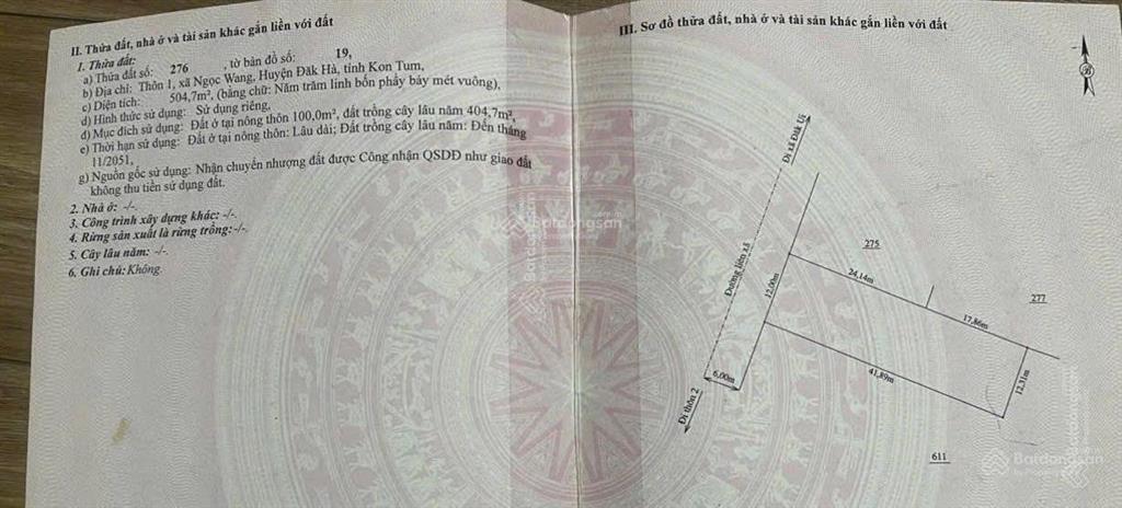 Chính chủ bán gấp lô đất mt 12m xã ngọc wang đăk hà nay là ngọk réo quảng ngãi