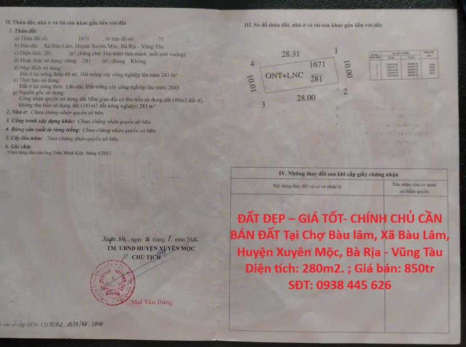 ĐẤT ĐẸP – GIÁ TỐT- CHÍNH CHỦ CẦN BÁN ĐẤT Tại Chợ Bàu lâm, Xã Bàu Lâm, Huyện Xuyên Mộc, Bà