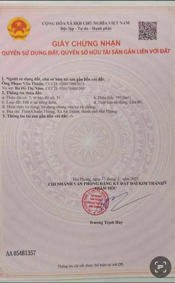 Bán lô đất 597m2 full thổ cư Thuộc Đội 8 – Kim Đính – Kim Thành – Hải Dương ( Nay Là Xã