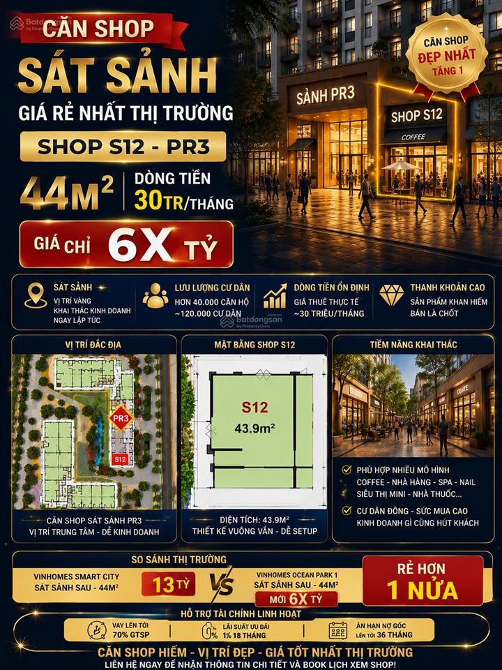 Bán gấp shop chân đế sát sảnh 45m2 giá cạnh tranh thị trường 6,9 tỷ dòng tiền 30tr/tháng