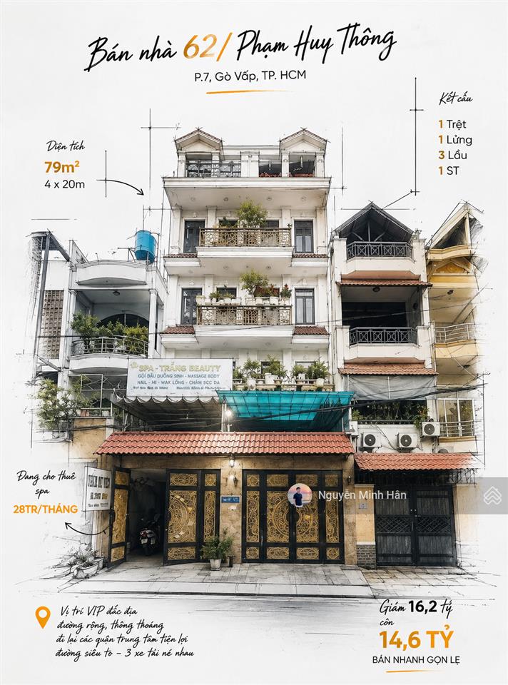 Giảm giá bán gấp hxh 62 phạm huy thông p7 4x20 cn 79m2 6 lầu gần chợ căn cứ 26 giá 14,6 tỷ tl