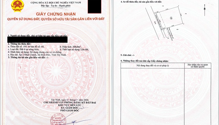 Chính chủ bán đất thổ cư xã Bình Đức, Tỉnh Tây Ninh, nay Bến Lức, Long An