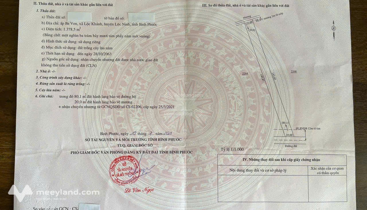 Bán đất sào giá rẻ, tại lộc Khánh, Lộc Ninh, do kẹt vốn, 1.378m2 mặt tiền đường liên xã, lên nhựa 24m, sổ hồng riêng