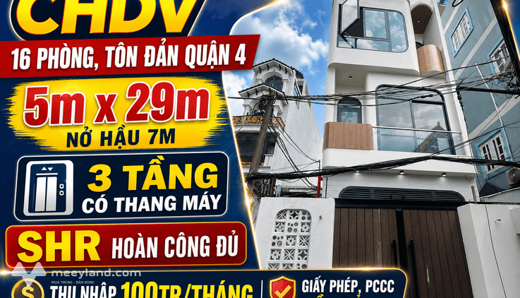 Cực hiếm, Tôn Đản, quận 4, 3 tầng, thang máy, 16 phòng khép kín, dòng tiền 100 triệu/ tháng