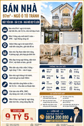 Bán nhà ngõ ô tô tránh – Diện tích 97m² – Mặt tiền 8m – Giá 9,5 tỷ