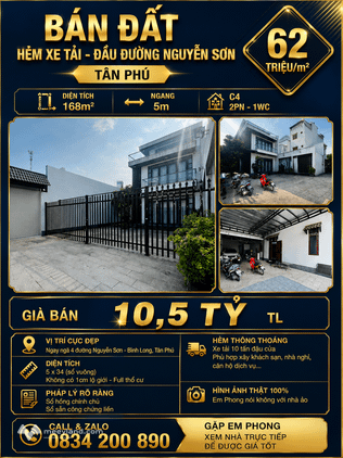 Bán đất hẻm xe tải đầu đường Nguyễn Sơn, Tân Phú, chỉ khoảng 62 triệu/m²
