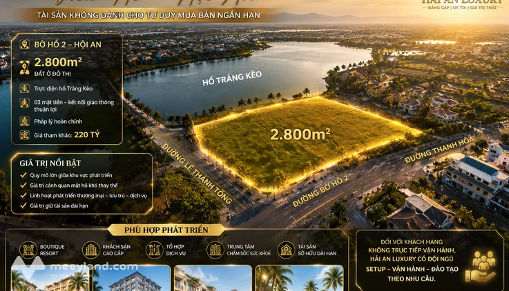 Bán quỹ đất 2.800m² 3 mặt tiền view hồ tại Hội An, phù hợp khách sạn – resort – thương mại
