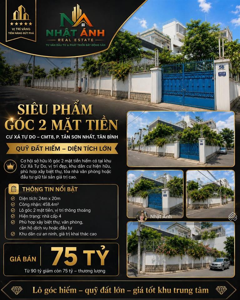 Lô góc duy nhất mặt tiền cư xá tự do phường 7 tân bình 20mx24m giá 75 tỷ