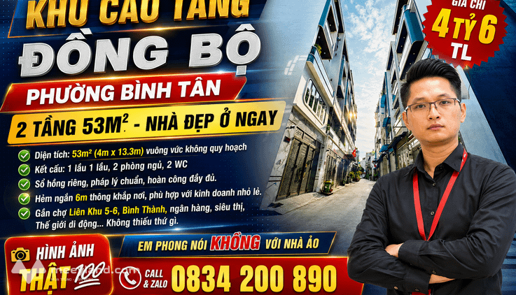 Bình Tân, nhà đẹp ở ngay, hẻm nhựa 6m thông, 53m², chỉ 4,6 tỷ