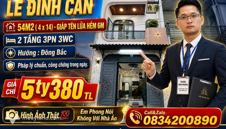 Bán nhà Lê Đình Cẩn, hẻm 6m, 4m x 14m, 2 tầng, 3 phòng ngủ, giá 5,38 tỷ