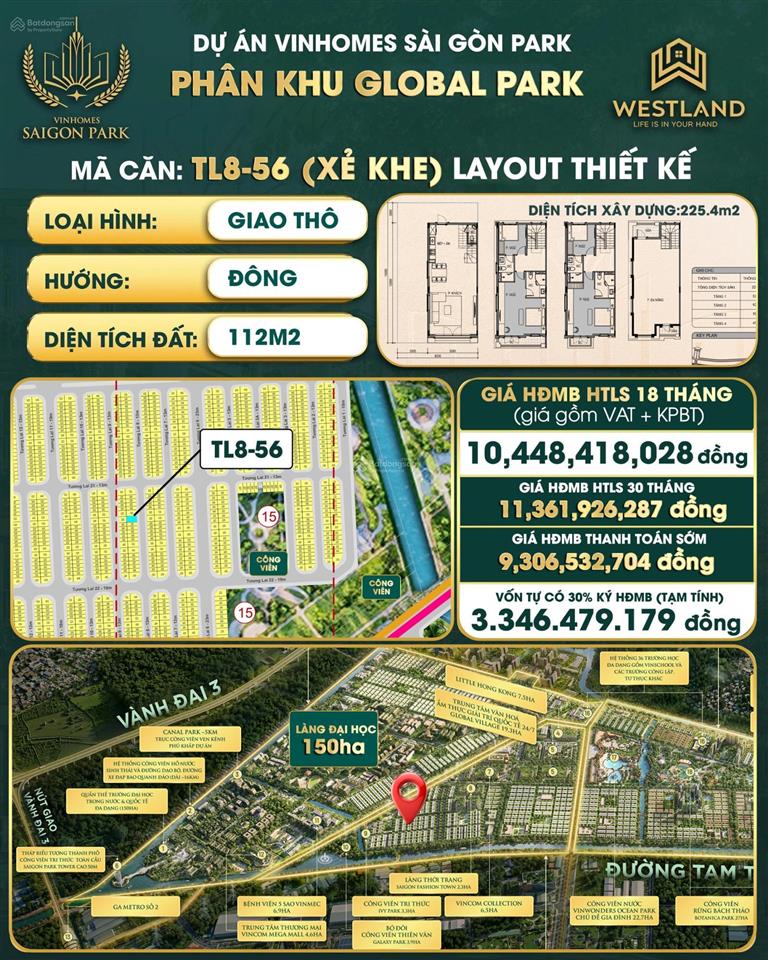 Bán căn nhà xẻ khe tại vinhomes sài gòn park 112m2 đường 13m phân khu giao thô 0899 884 ***