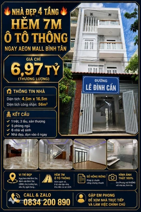Nhà hẻm xe hơi Lê Đình Cẩn – gần Aeon Mall Bình Tân