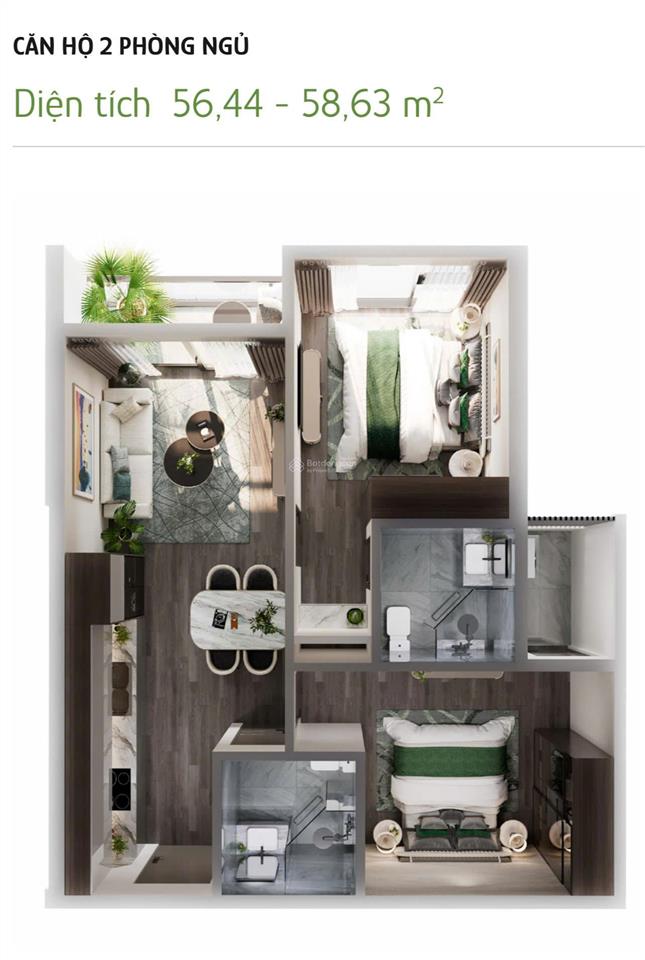 Bán căn giá tốt, 58m² 2n2vs 3,1 tỷ bàn giao full nội thất liền tường, tặng chỉ vàng