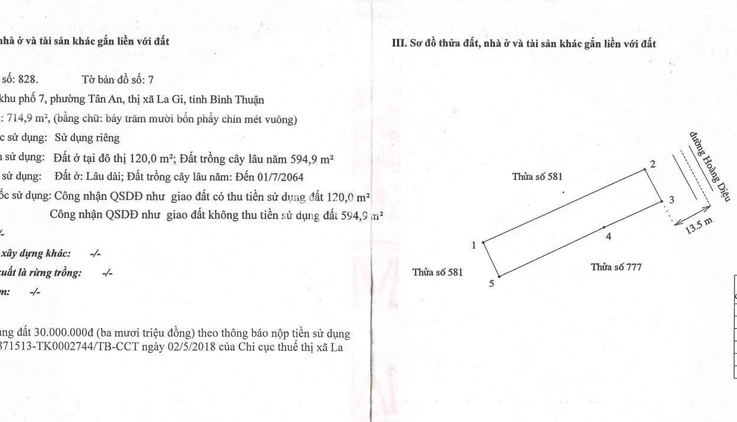Bán đất tại La Gi, Bình Thuận, 5,5 tỷ, 714,9m2 đẹp xuất sắc, 120m2 thổ cư