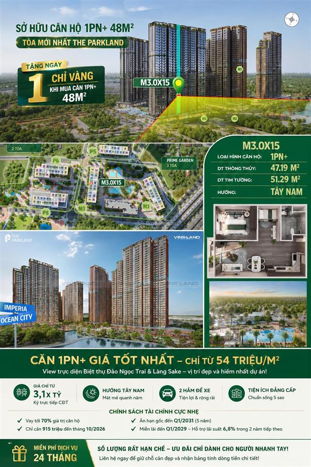 Tặng ngay 01 chỉ vàng khi sở hữu căn 1pn+ 48m tại tòa mới nhất the parkland imperia ocean city