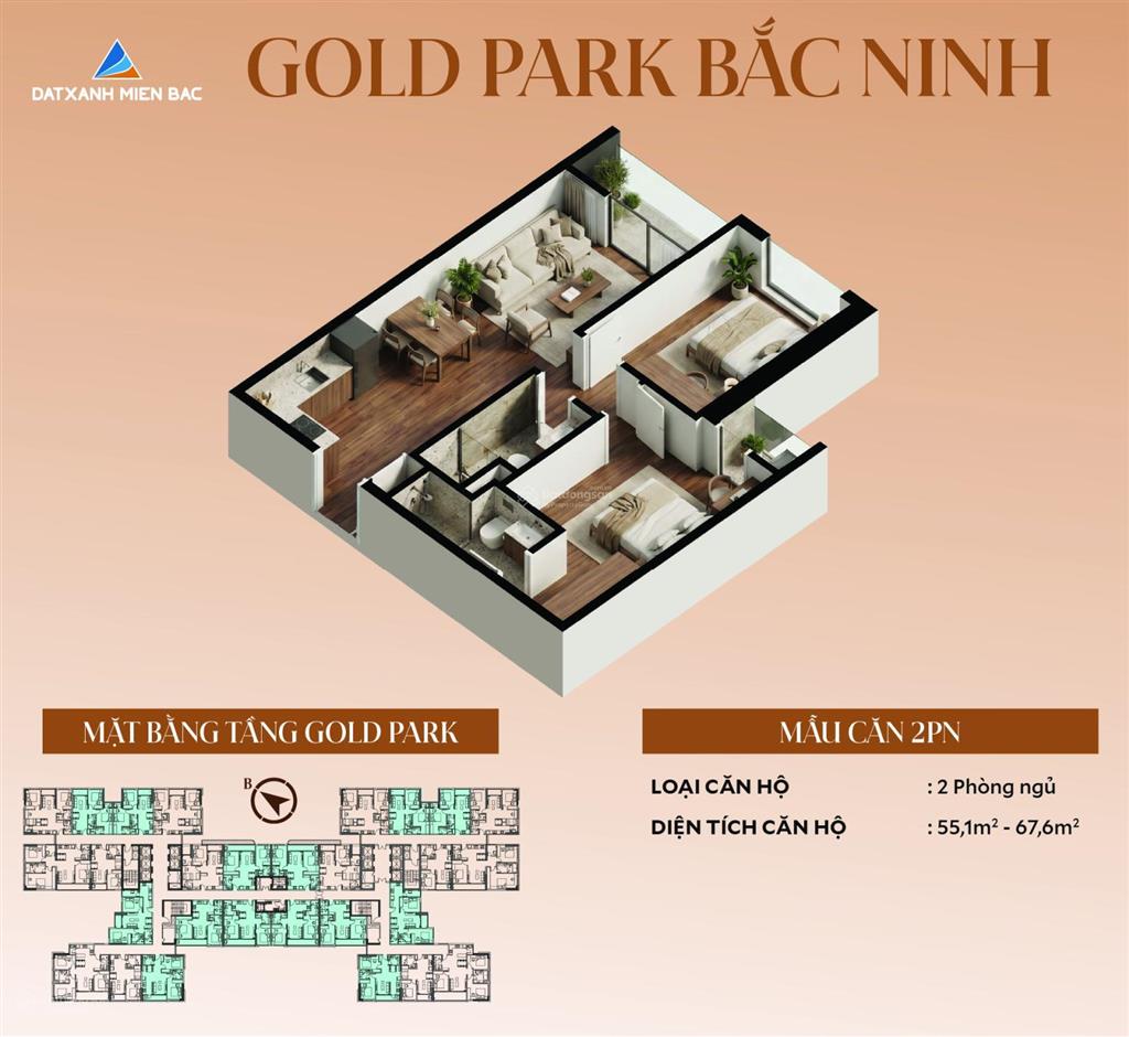 Bán gấp căn hộ cc gold park, 47 triệu / m2, 55.3 m2, 2pn, 2wc, tại trần quang khải, bắc giang