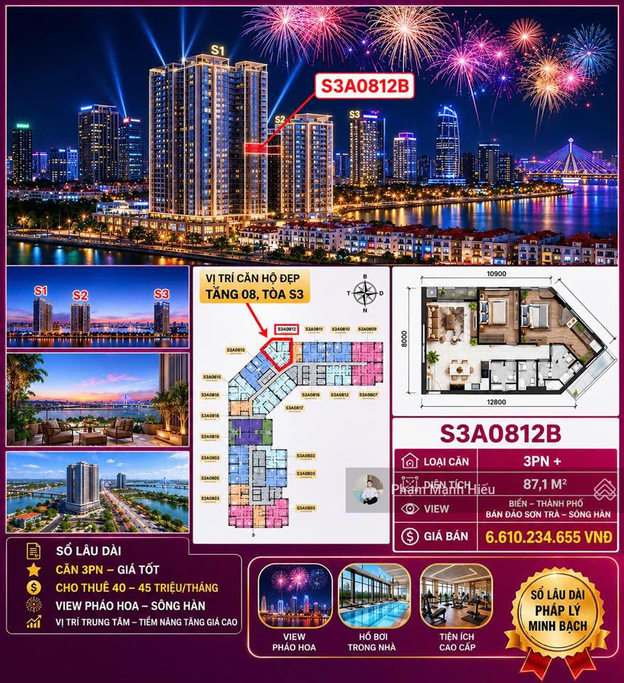 Căn 3pn sun symphony tòa s3 căn hộ mặt sông hàn giá chỉ 75 triệu/m2, giá tốt
