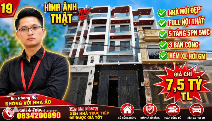 Nhà mới 5 tầng – Full nội thất – Diện tích 4×23m (89m²) – Hẻm xe hơi 6m – Chỉ 7,5 tỷ